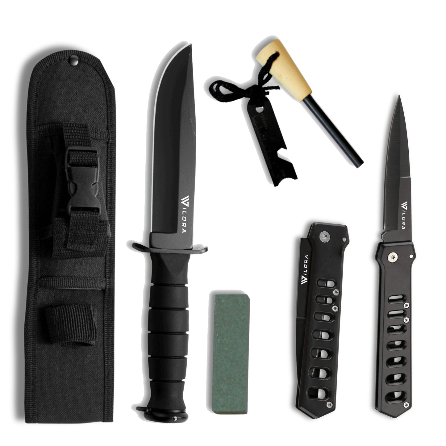 Wilora Bowie + Lite Folding | Knife Bundle with Ferro Rod & Sharpening Stone