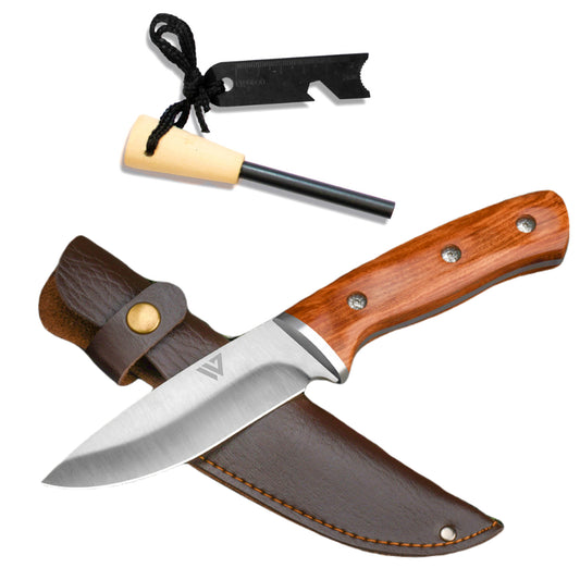 Premium Bushcraft Knife - 5Cr13 Steel Blade, Rosewood Handle, Flint & Striker Included with PU Leather Sheath