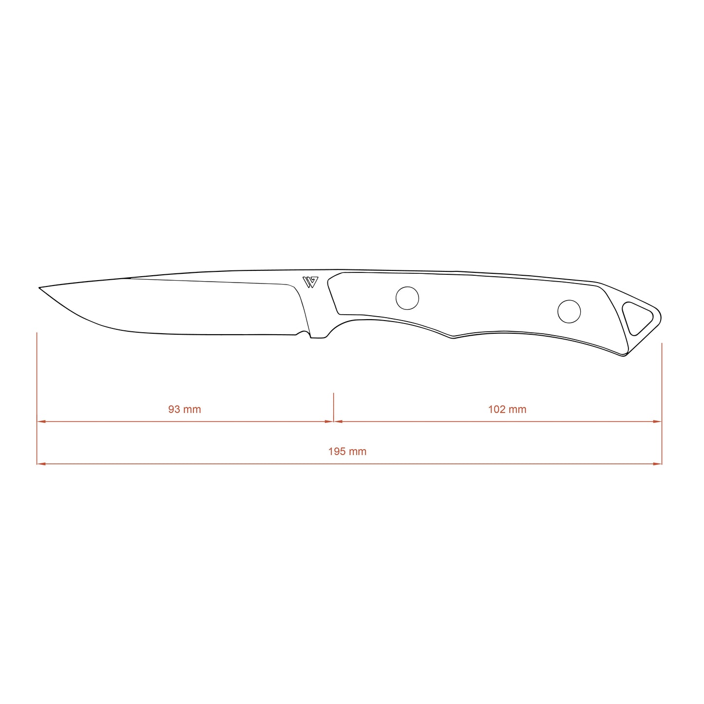 Diagram of a knife with measurements on a white background