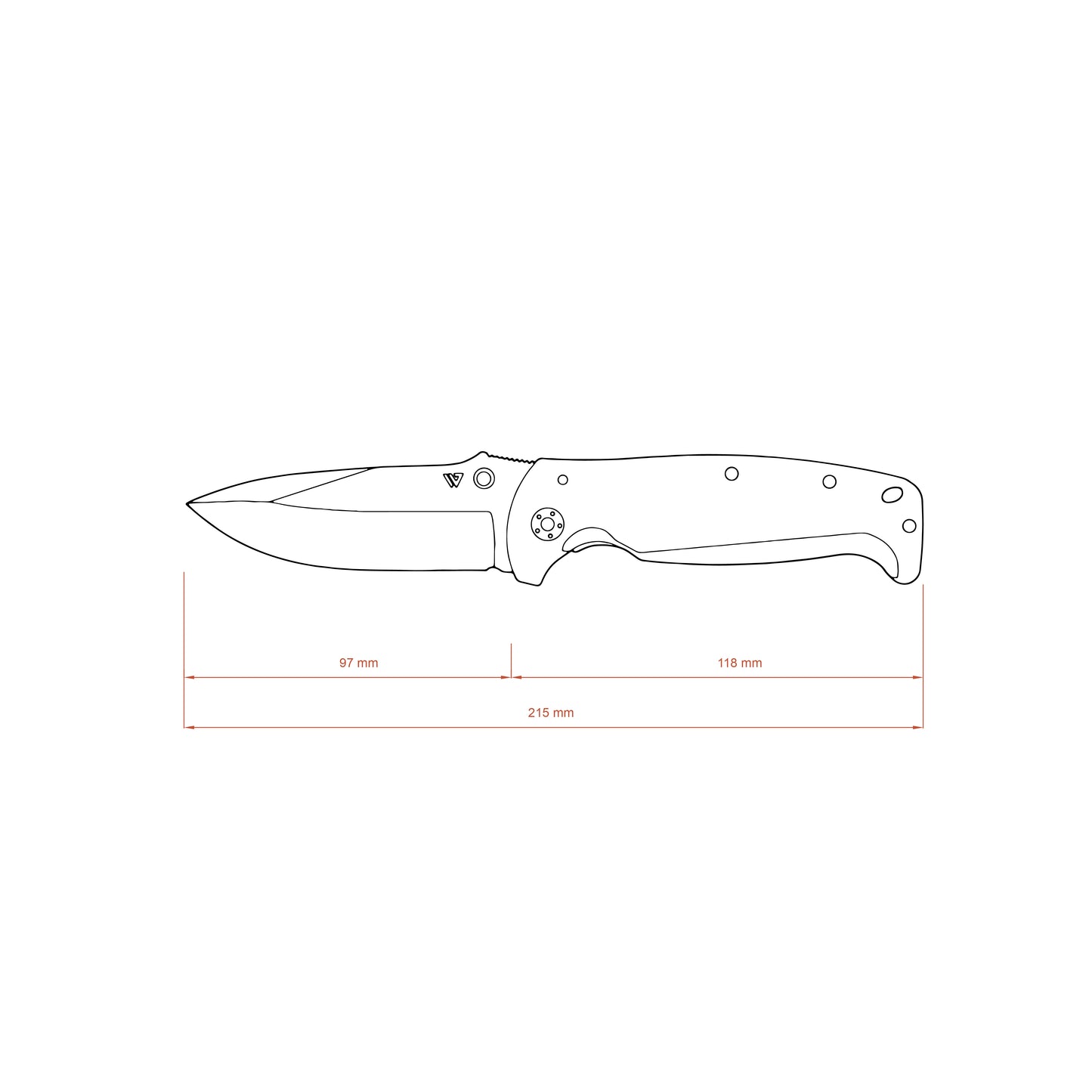 Technical drawing of a knife with dimensions on a white background