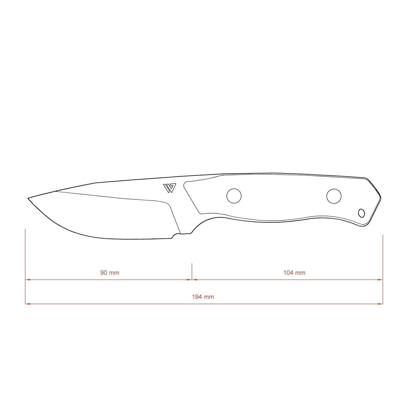 Technical drawing of a knife with dimensions on a white background