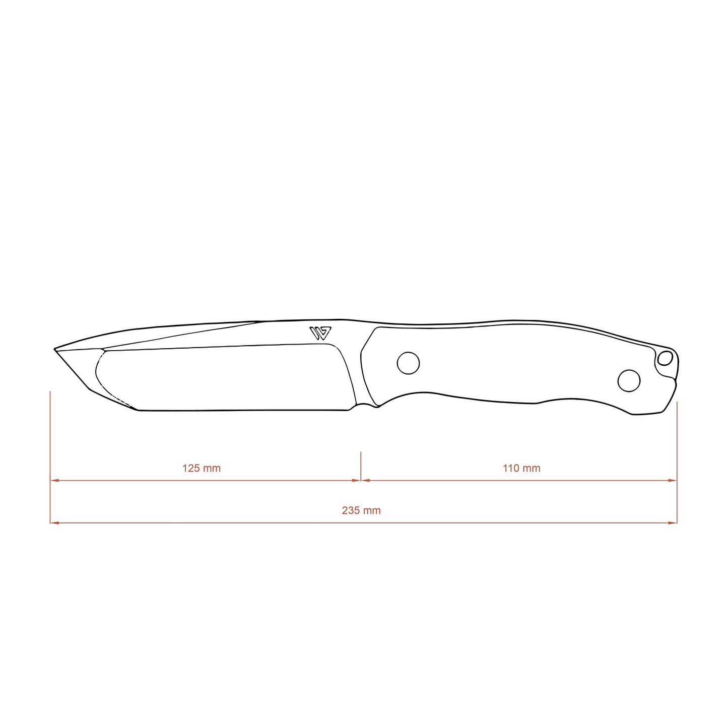 Wilora Crest Full Tang, Micarta Handle Hunting Knife technical drawing with dimensions