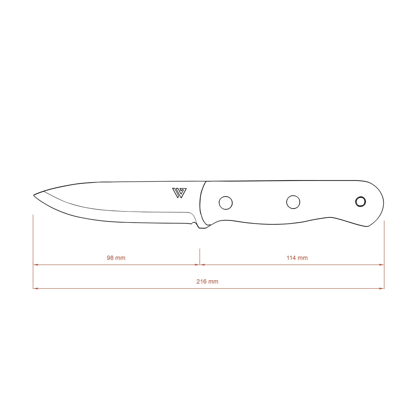 Wilora Heaford field knife with a wood handle and a leather sheath with measurements