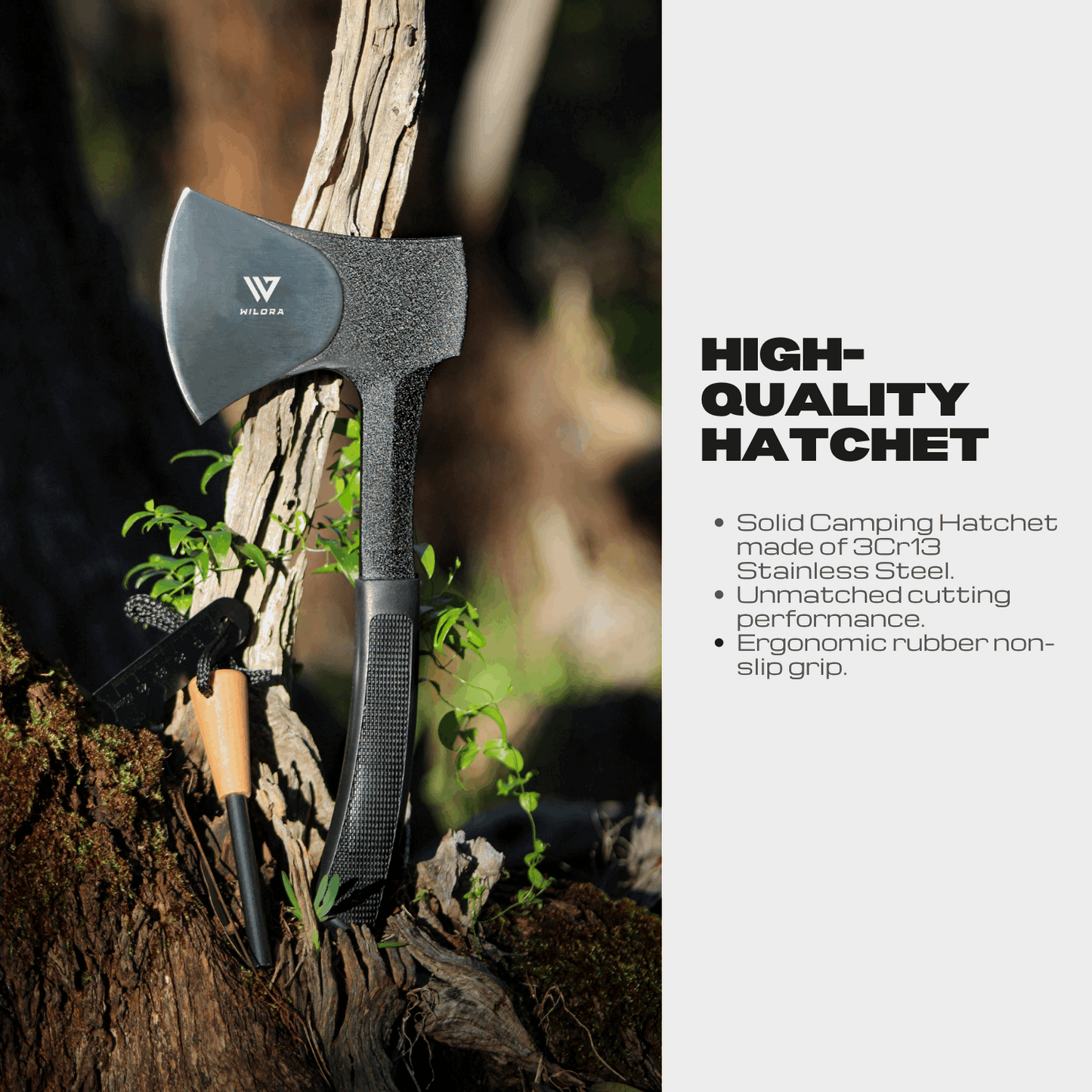 Camping axe with sharpening stone and rubber grip