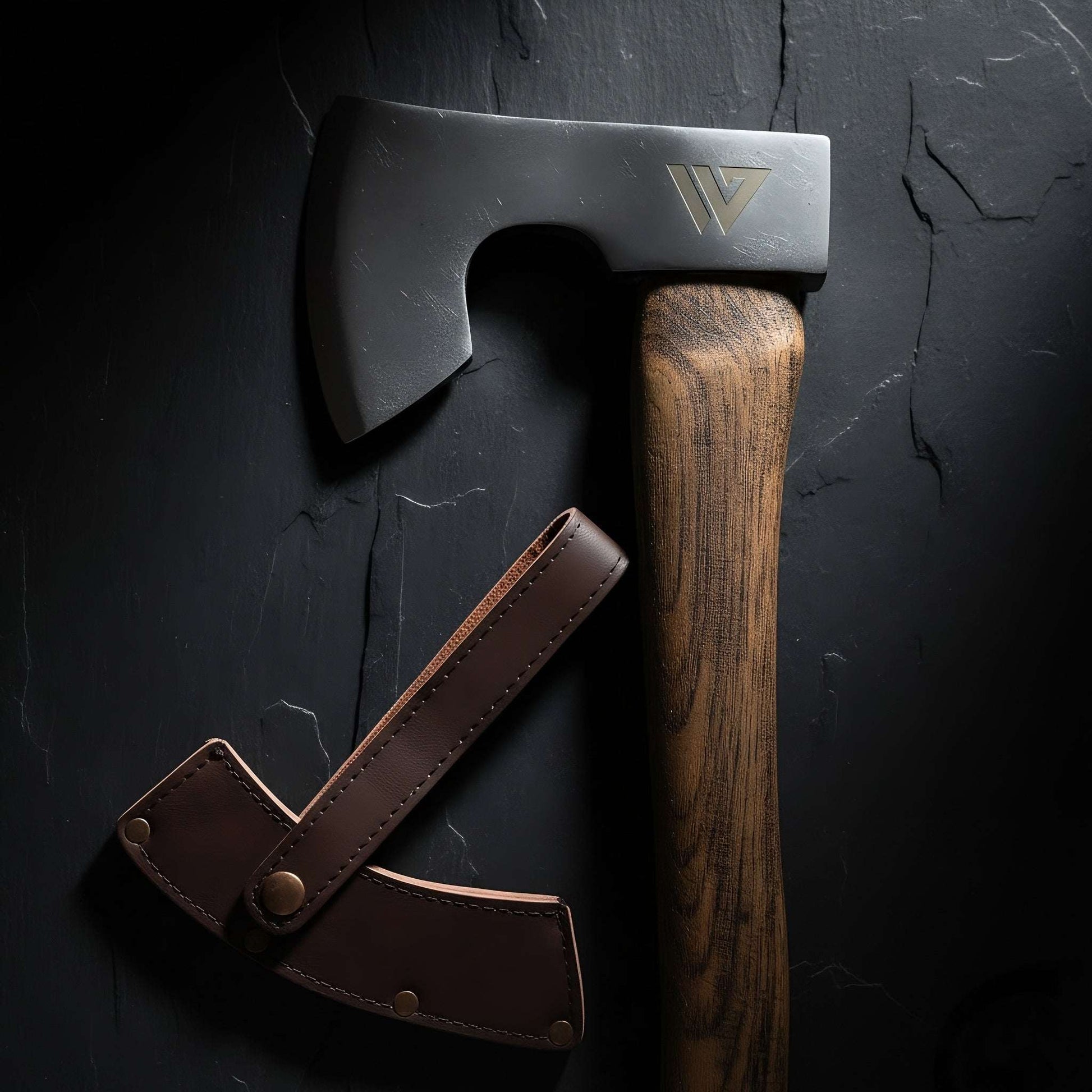 Axes with wooden handles and leather sheaths