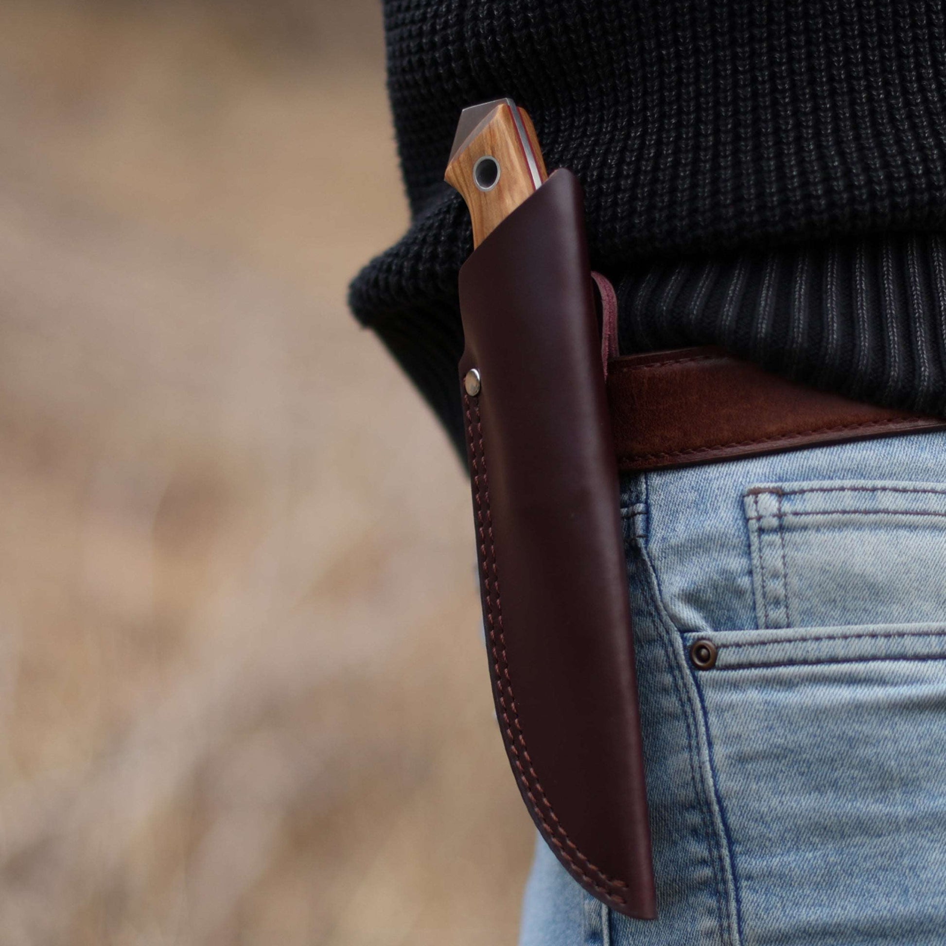 Wilora Brumby fixed blade outdoor knife carried in a leather sheath