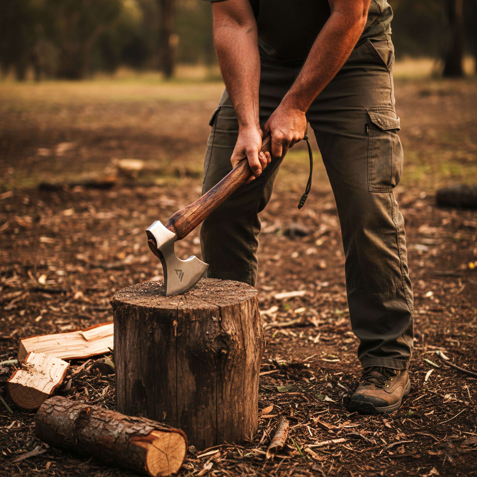 Person holding an axe over a wooden stump in a forest setting