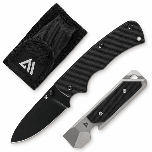 Wilora EDC Kit Black: D2 folding knife with black G10 handle, sheath and TC4 titanium pry bar