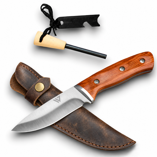 Wilora Bushcraft Knife with Genuine Leather Sheath - Flint & Striker Included