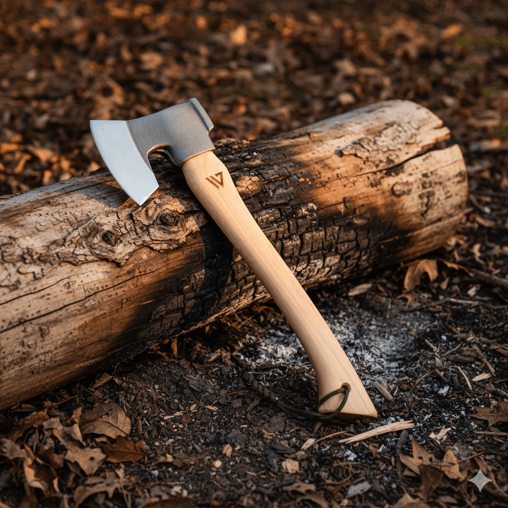 Axes with wooden handles on a log in a natural setting