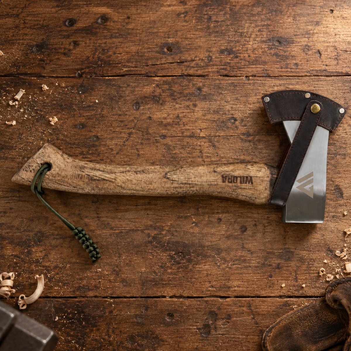 A  hand axe with a natural wood handle and a dark brown leather sheath, displayed on a rustic wooden plank surface with wood shavings scattered around.