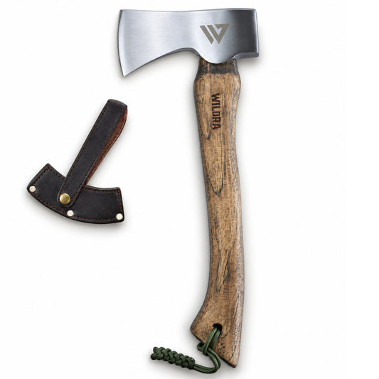 A tactical tomahawk axe with a polished steel head, a curved wooden handle, and a dark brown leather sheath, shown on a solid white background.