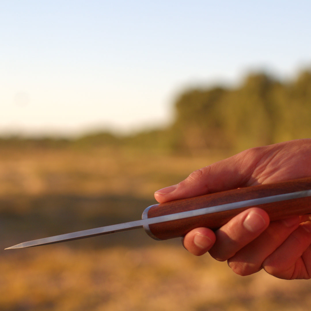 Hand holding a knife with a blurred natural background