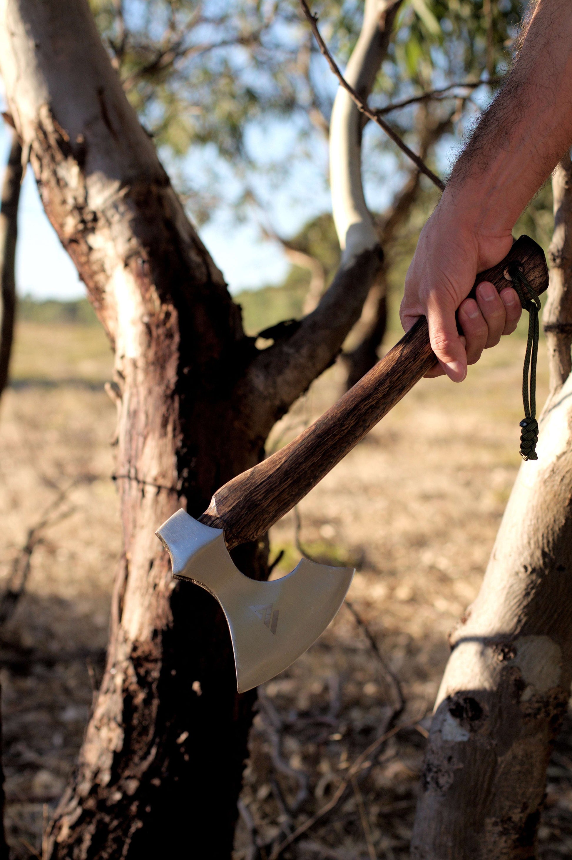Hand holding a axe against a tree in an outdoor setting