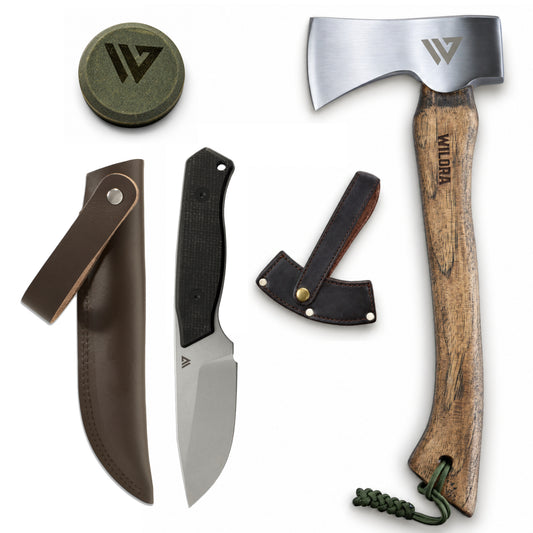 A set of outdoor survival tools on a white background, including a hatchet with a wooden handle, a fixed-blade knife, a brown leather sheath, a small leather accessory, and an olive green round cap with a logo.