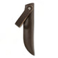 A dark brown leather knife sheath with a matching leather loop strap secured by a silver metal snap button, shown on a plain white background.