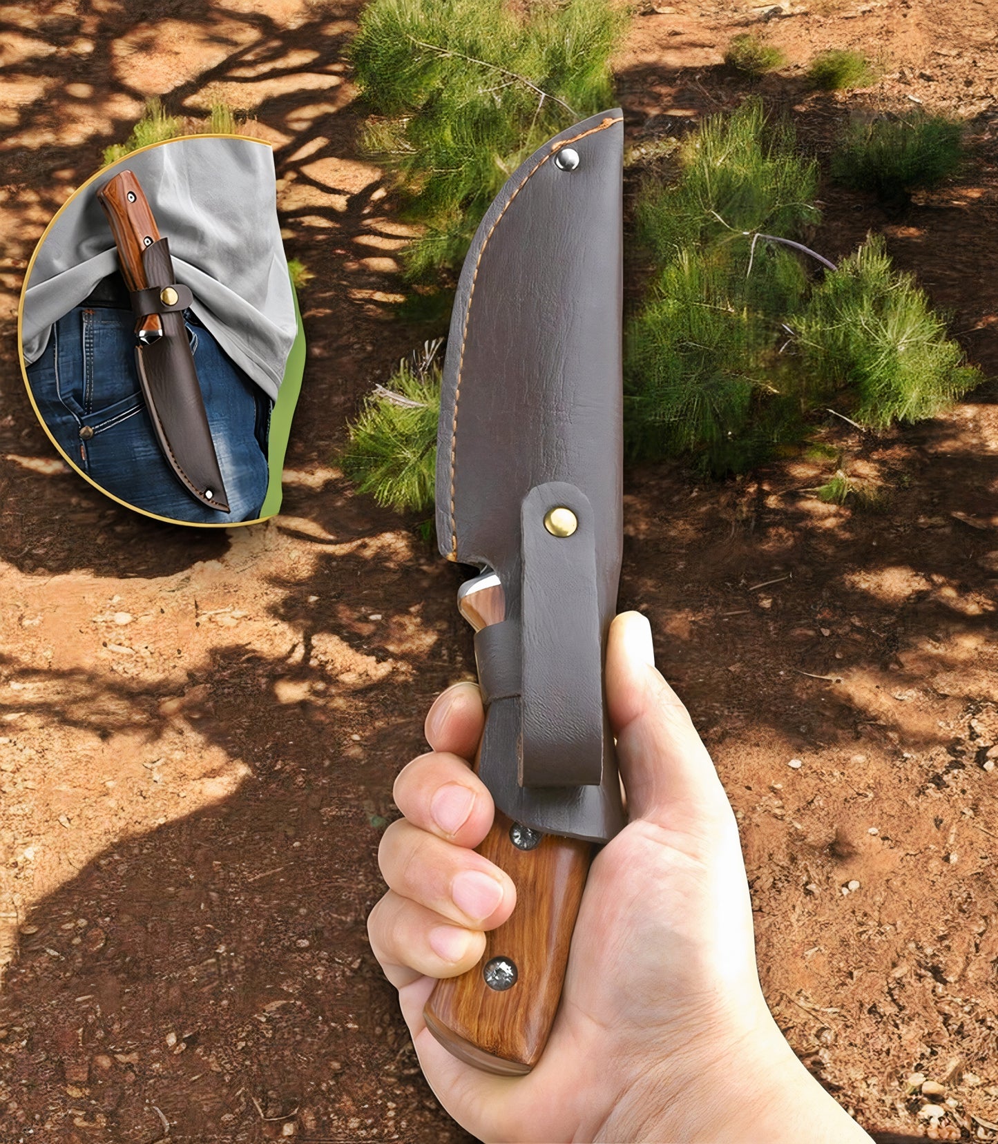 Premium Bushcraft Knife with PU Leather Sheath - Flint & Striker Included