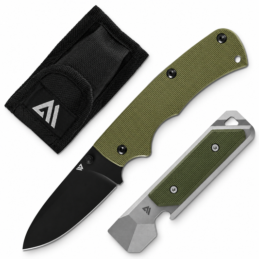 Wilora EDC Kit Green: D2 folding knife with green G10 handle, sheath and TC4 titanium pry bar