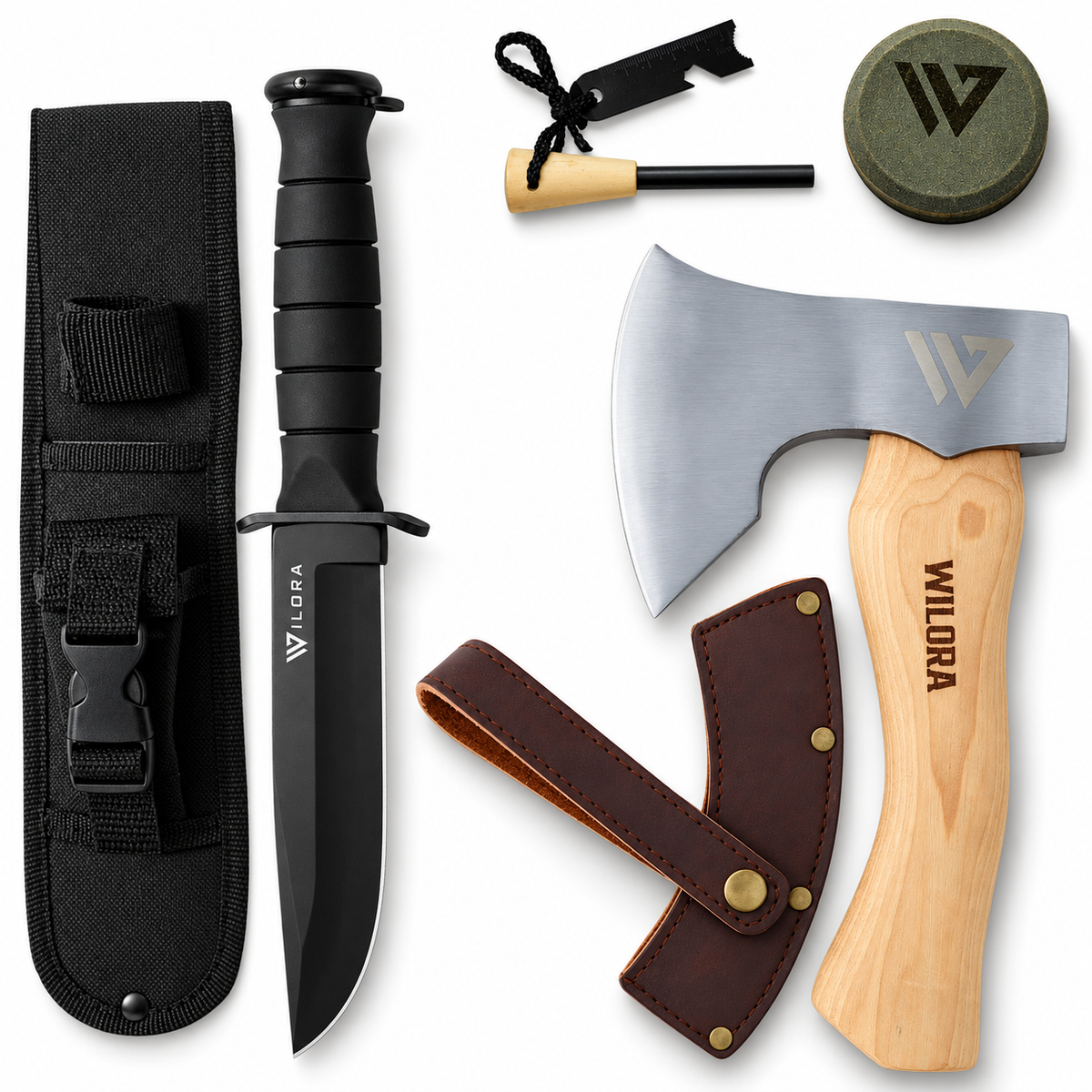 Wilora Compact Kit: 22cm camp axe, fixed blade knife, sheaths, ferro rod and sharpening stone