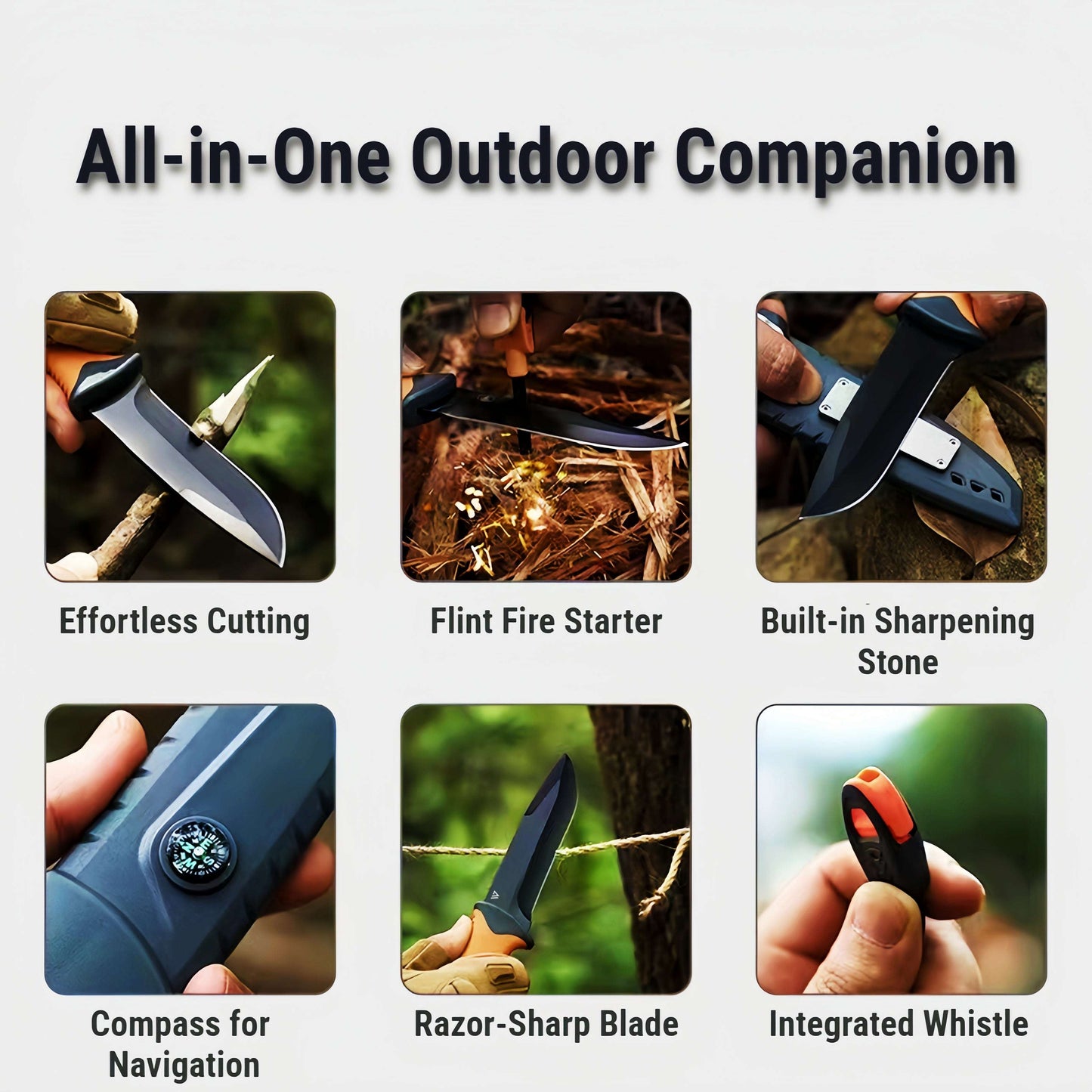 Wilora Outdoor Hunting Knife - 4CR13 Stainless Steel Blade with Flint, Whistle, Compass, Sheath & Sharpening Stone