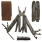 Multitool with leather pouch and additional bits on a white background