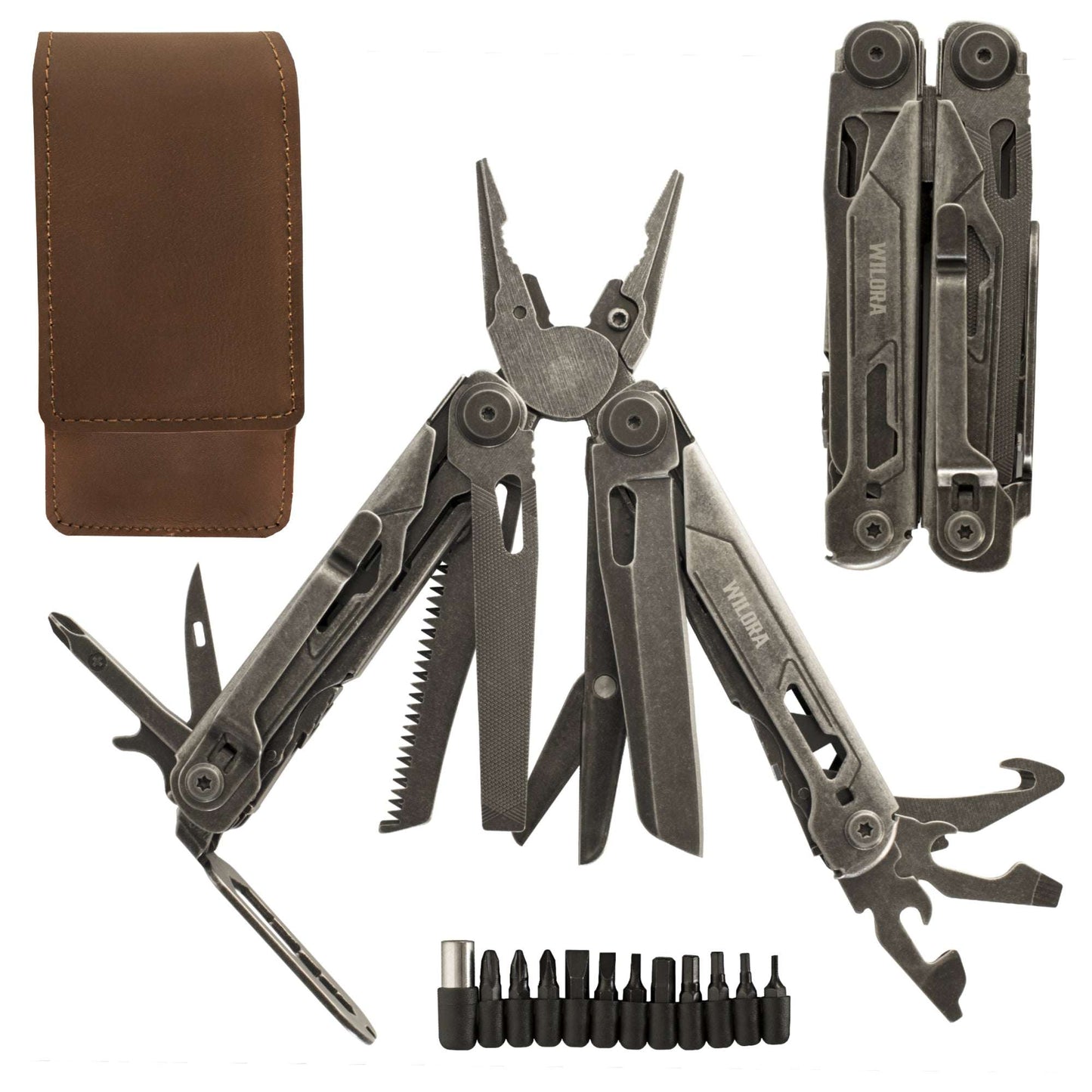 Multitool with leather pouch and additional bits on a white background