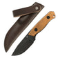 Knife with wooden handle and leather sheath on a white background