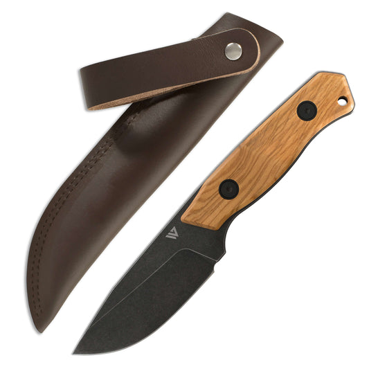 Knife with wooden handle and leather sheath on a white background