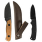 Three knives with different handles and sheaths on a white background