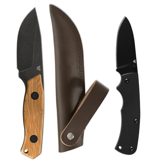 Three knives with different handles and sheaths on a white background