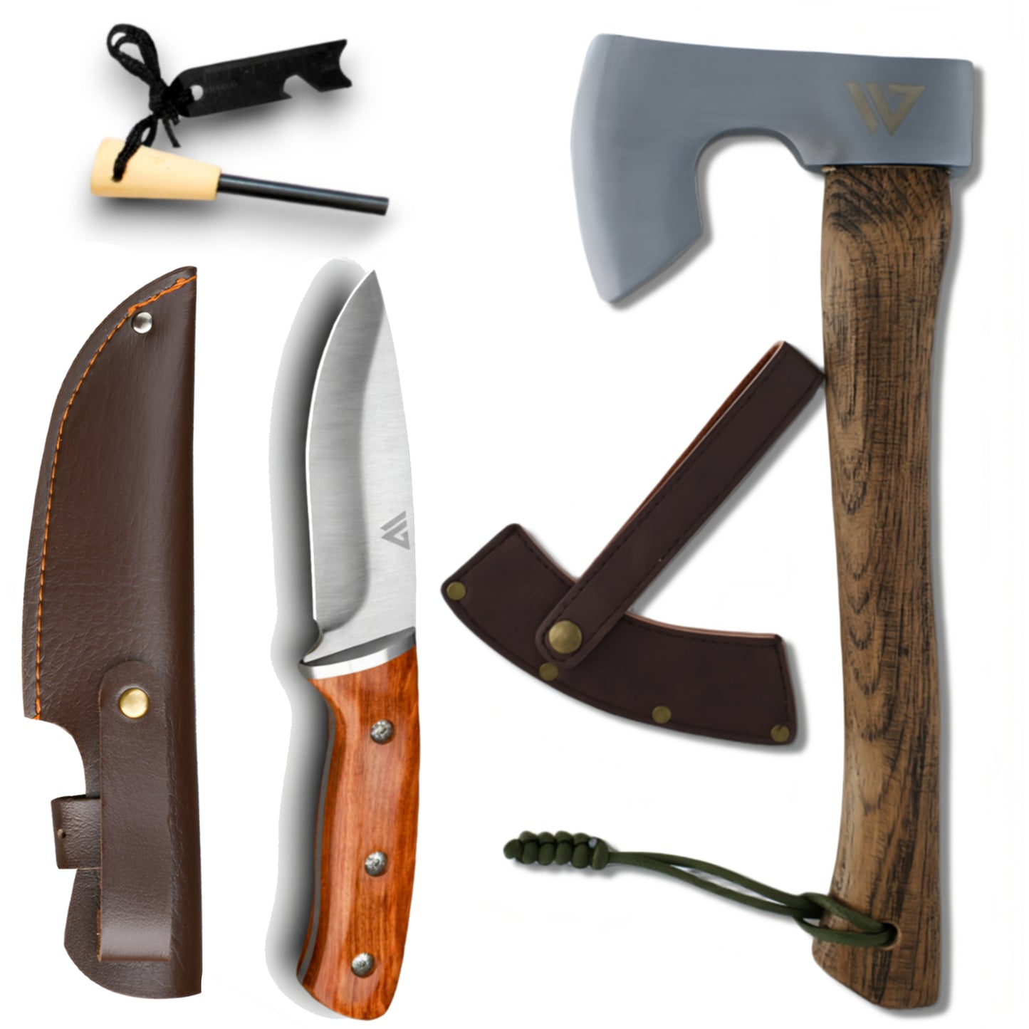 Collection of knives and axes with wooden handles.