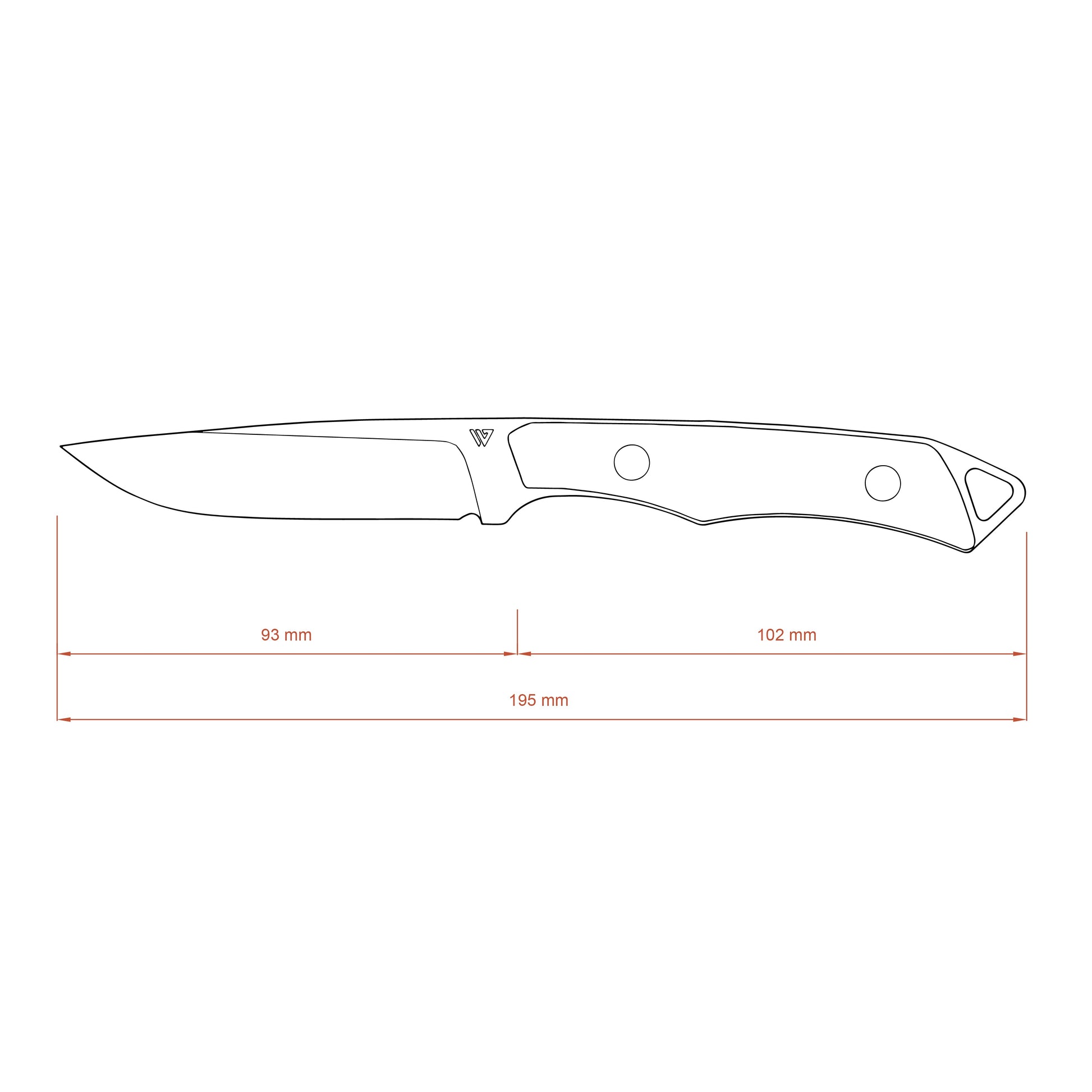 Diagram of a knife with measurements on a white background