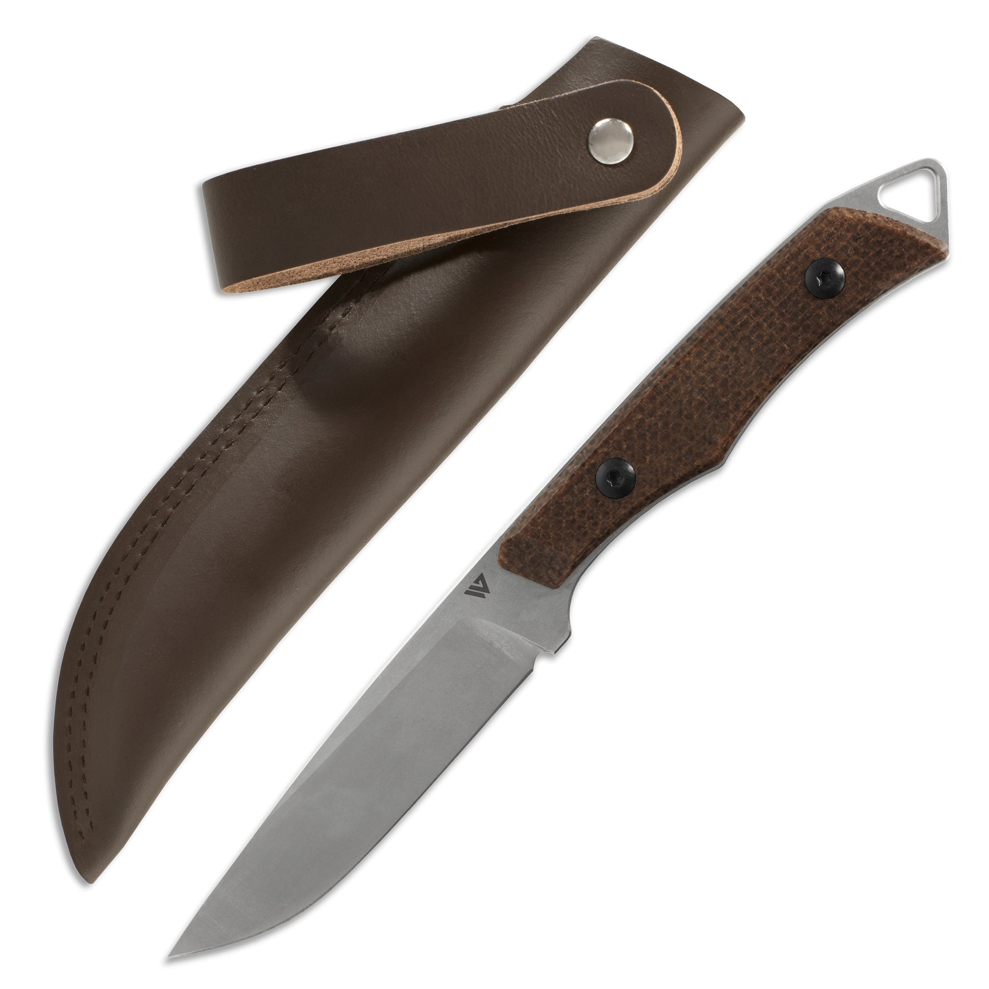 Knife with brown handle and leather sheath on a white background