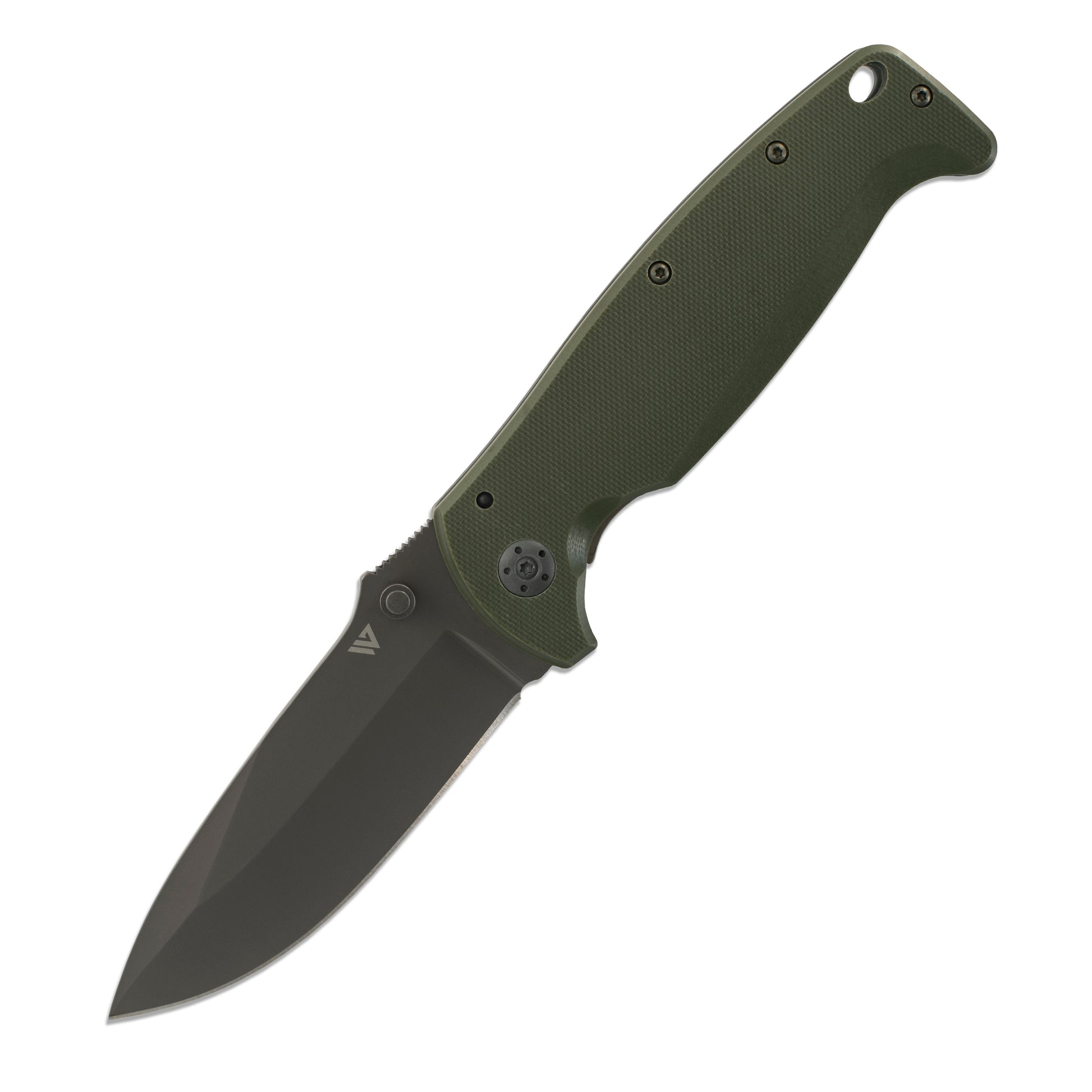 Green folding knife on a white background