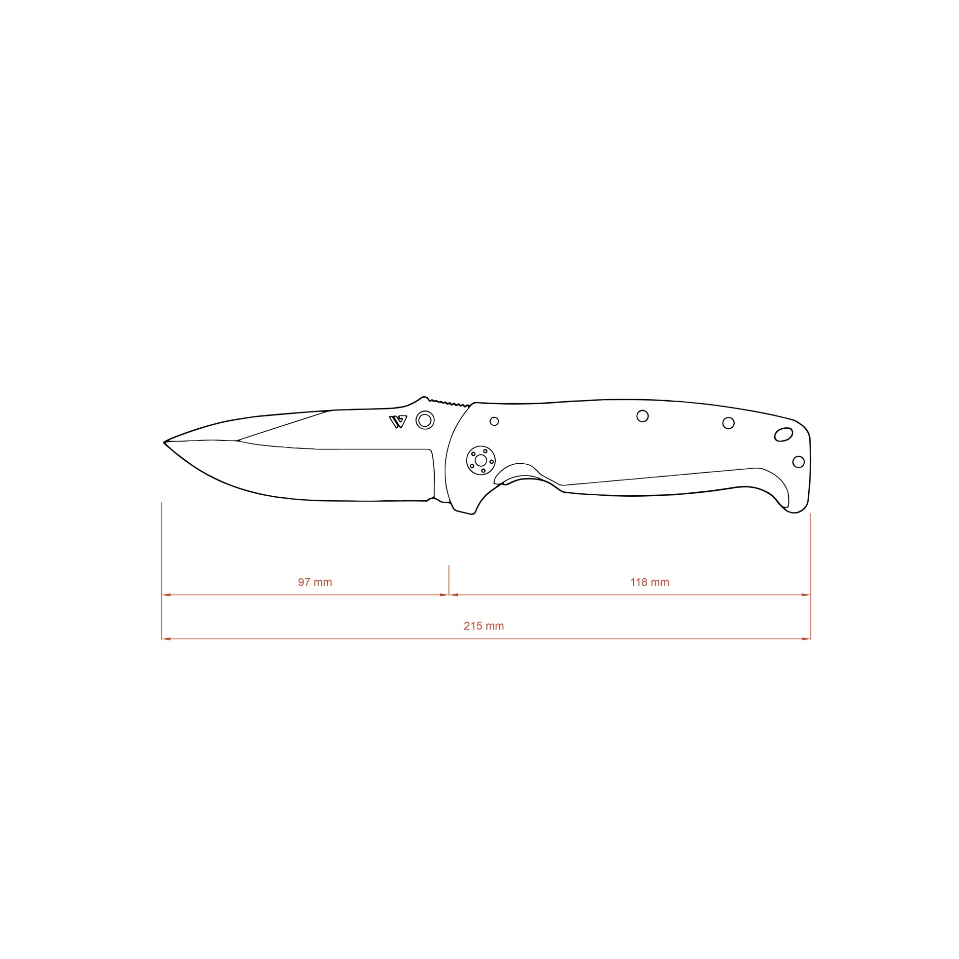 Technical drawing of a knife with dimensions on a white background
