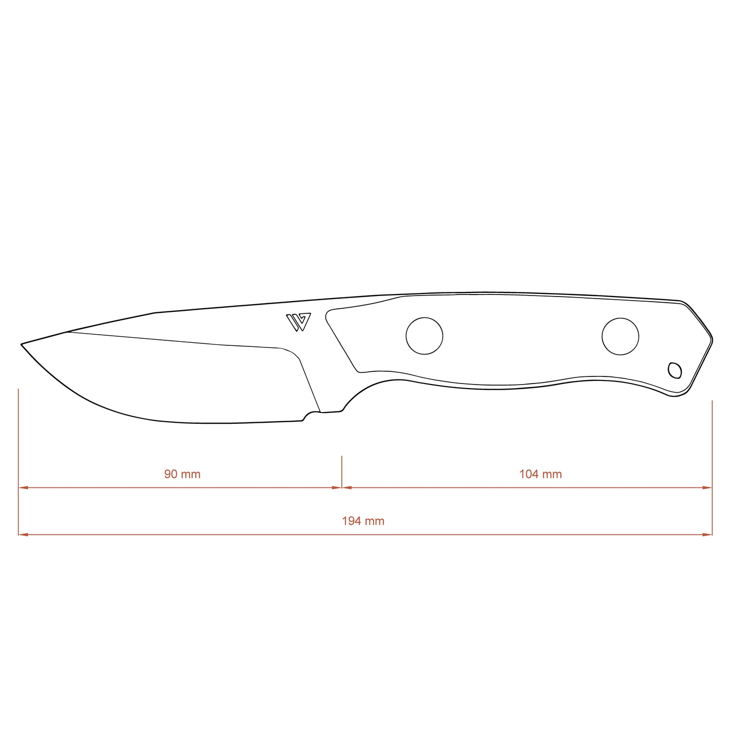 Technical drawing of a knife with dimensions on a white background