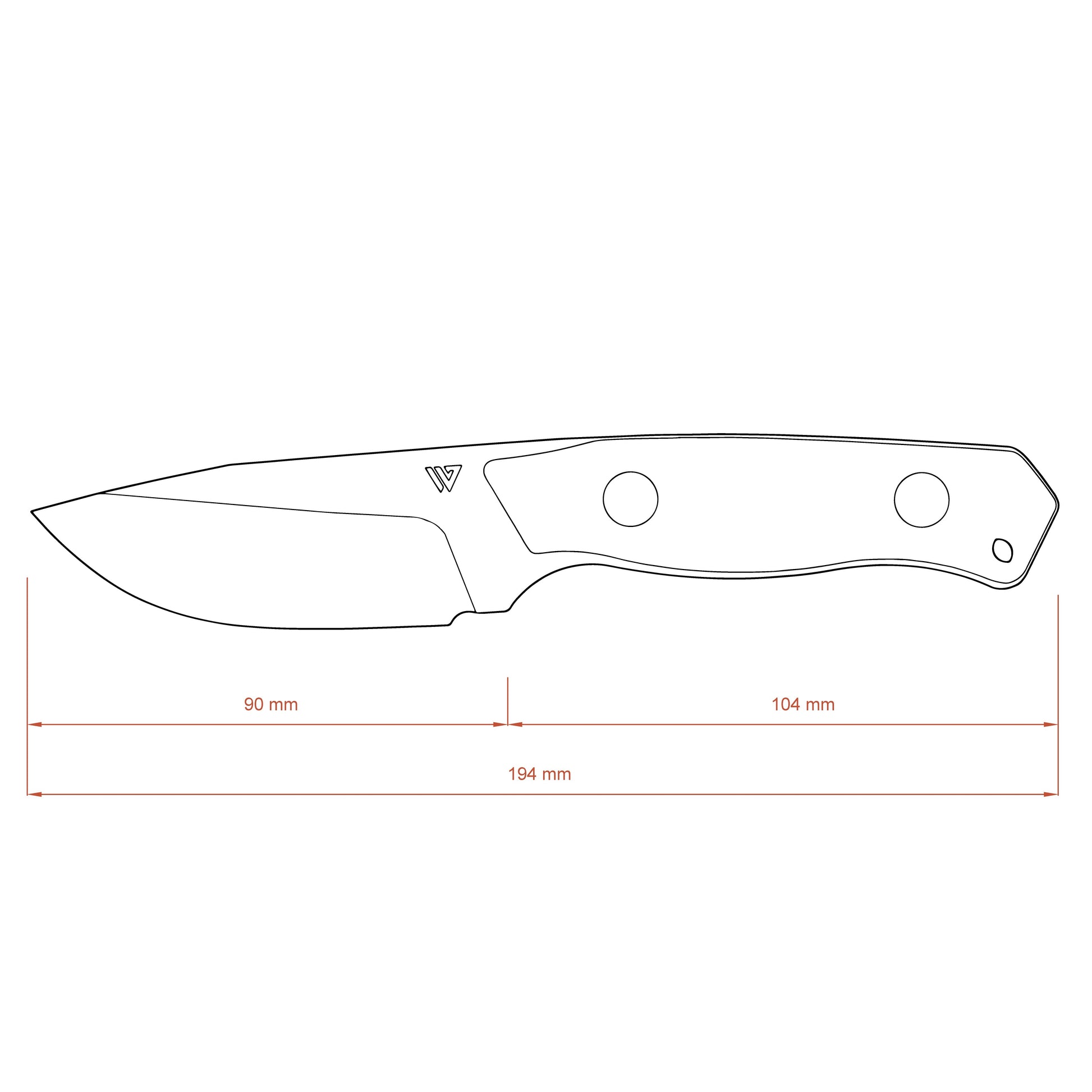 Technical drawing of a knife with dimensions on a white background