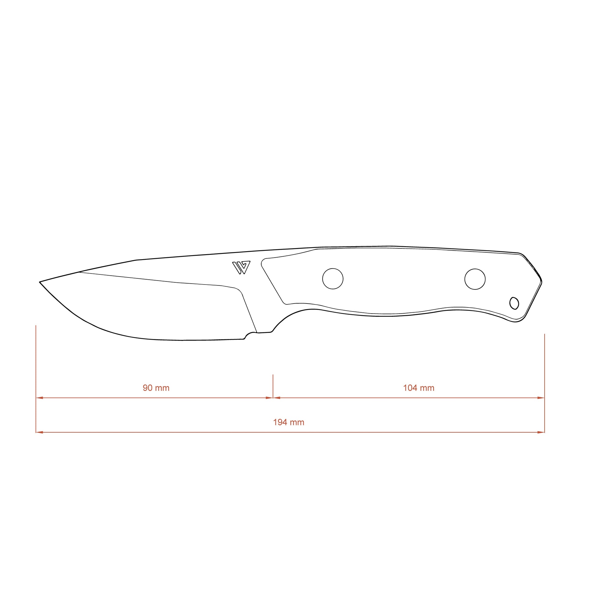 Technical drawing of a knife with dimensions on a white background