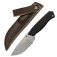 Knife with black handle and silver blade, accompanied by a brown leather sheath on a white background