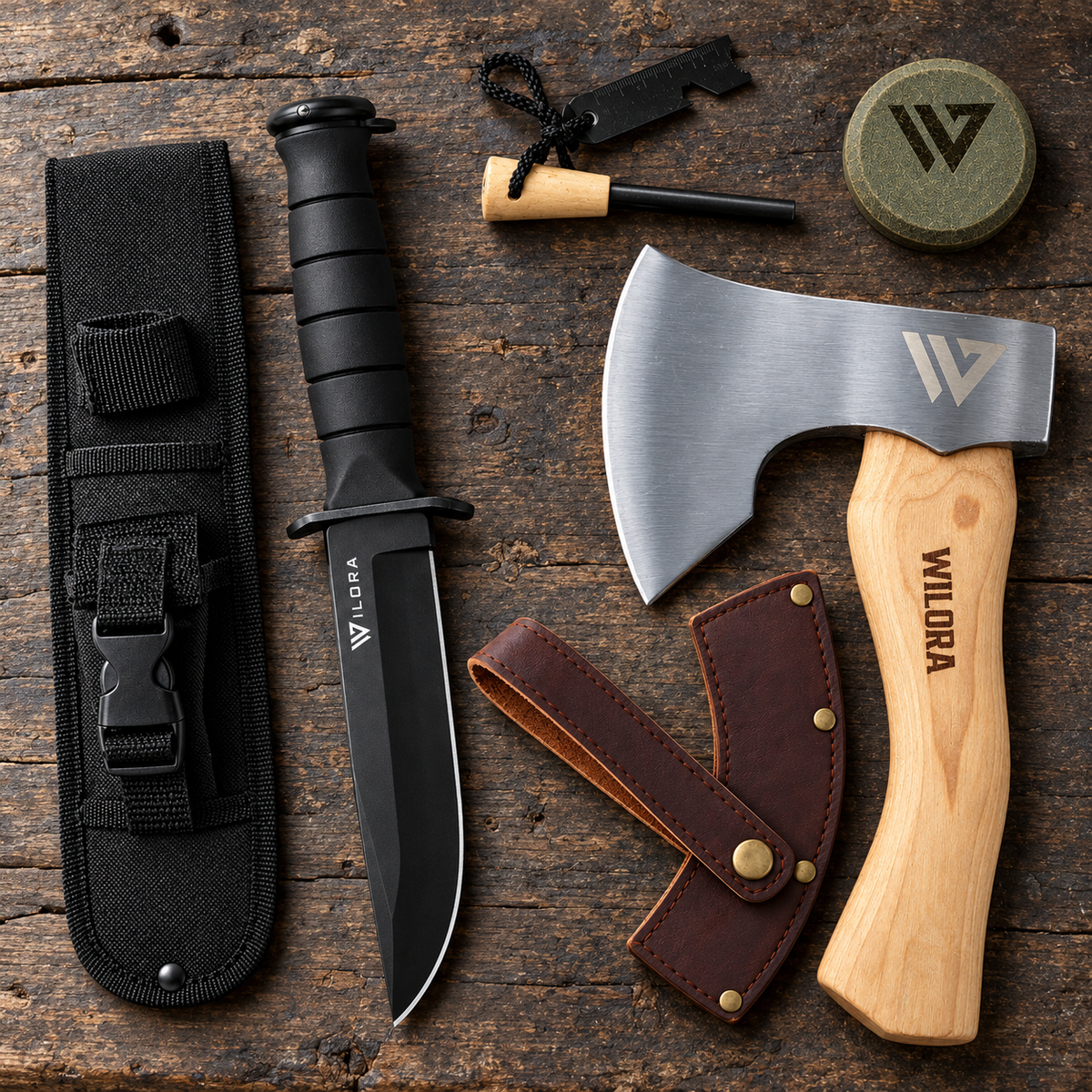 Wilora Compact Kit — Camp Axe, Fixed Blade Knife, Sharpening Stone & Ferro Rod