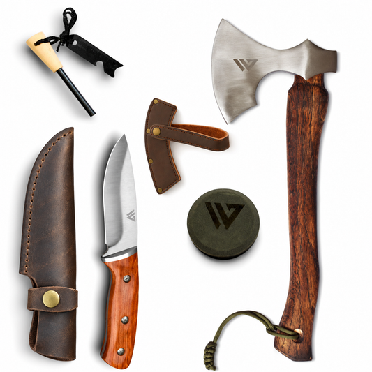 A survival and outdoor tool set arranged on a white background, including a large fixed-blade axe with a dark wood handle, a fixed-blade knife with a reddish wood handle, a brown leather sheath, a leather belt loop, a small black and beige fire starter, and a round dark green branded cover.