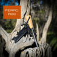 Ferro rod with a wooden handle attached to a tree branch, branded 'Ferro Rod'.
