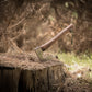 Ax leaning against a tree stump in a forest setting