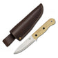 Knife with wooden handle and leather sheath on a white background