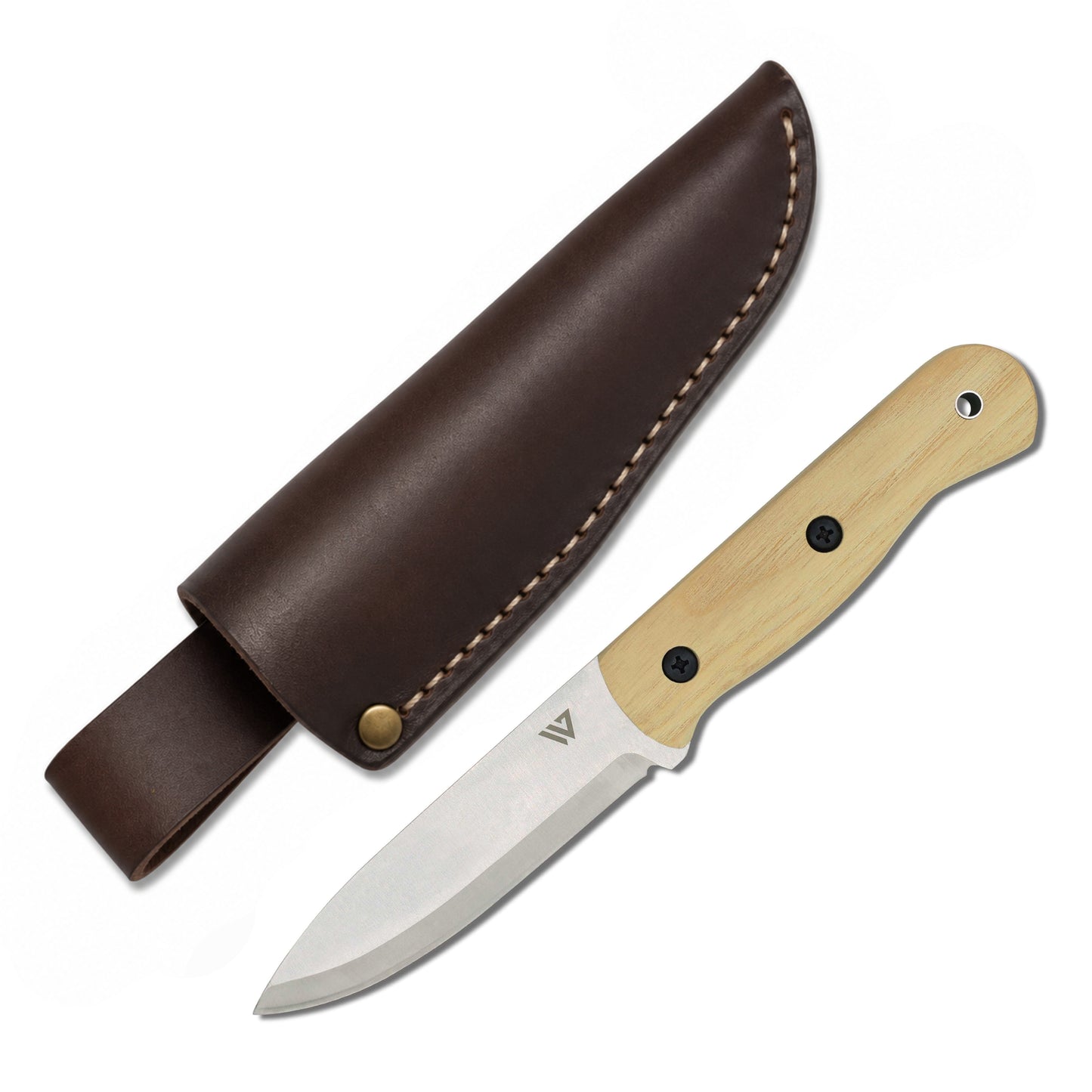 Knife with wooden handle and leather sheath on a white background