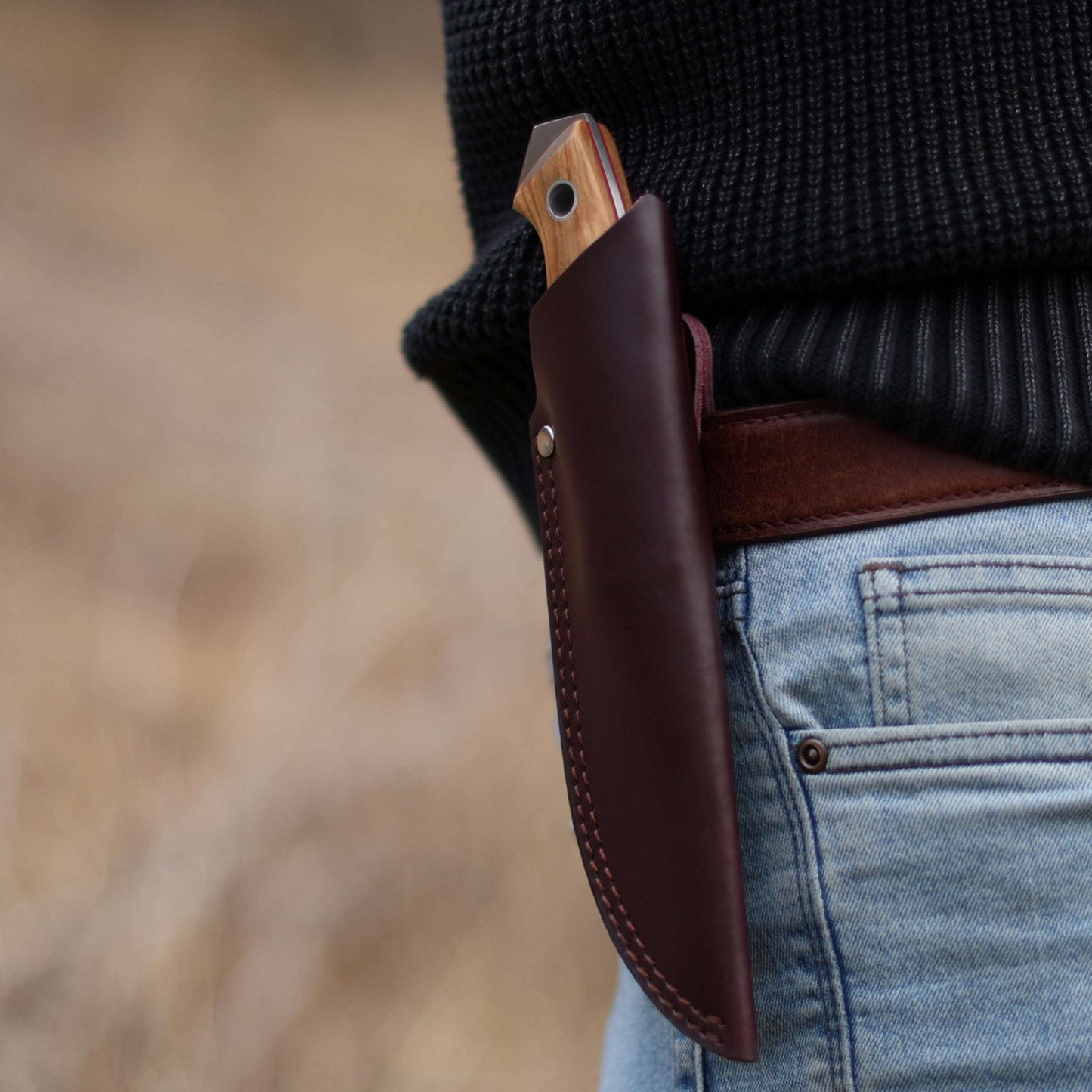 Wilora Brumby fixed blade outdoor knife carried in a leather sheath