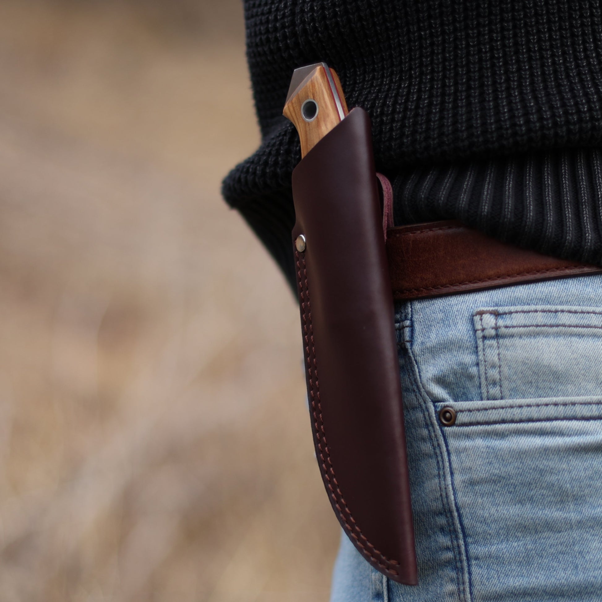 Wilora Brumby fixed blade outdoor knife carried in a leather sheath