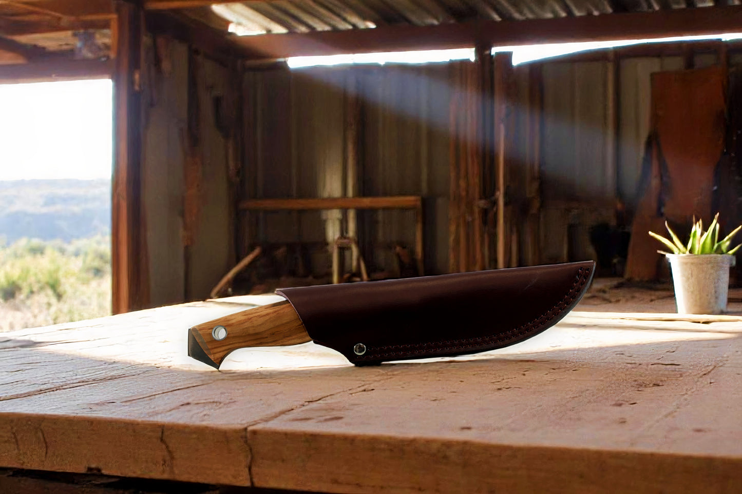 Wilora Brumby outdoor knife with wooden handle and leather sheath