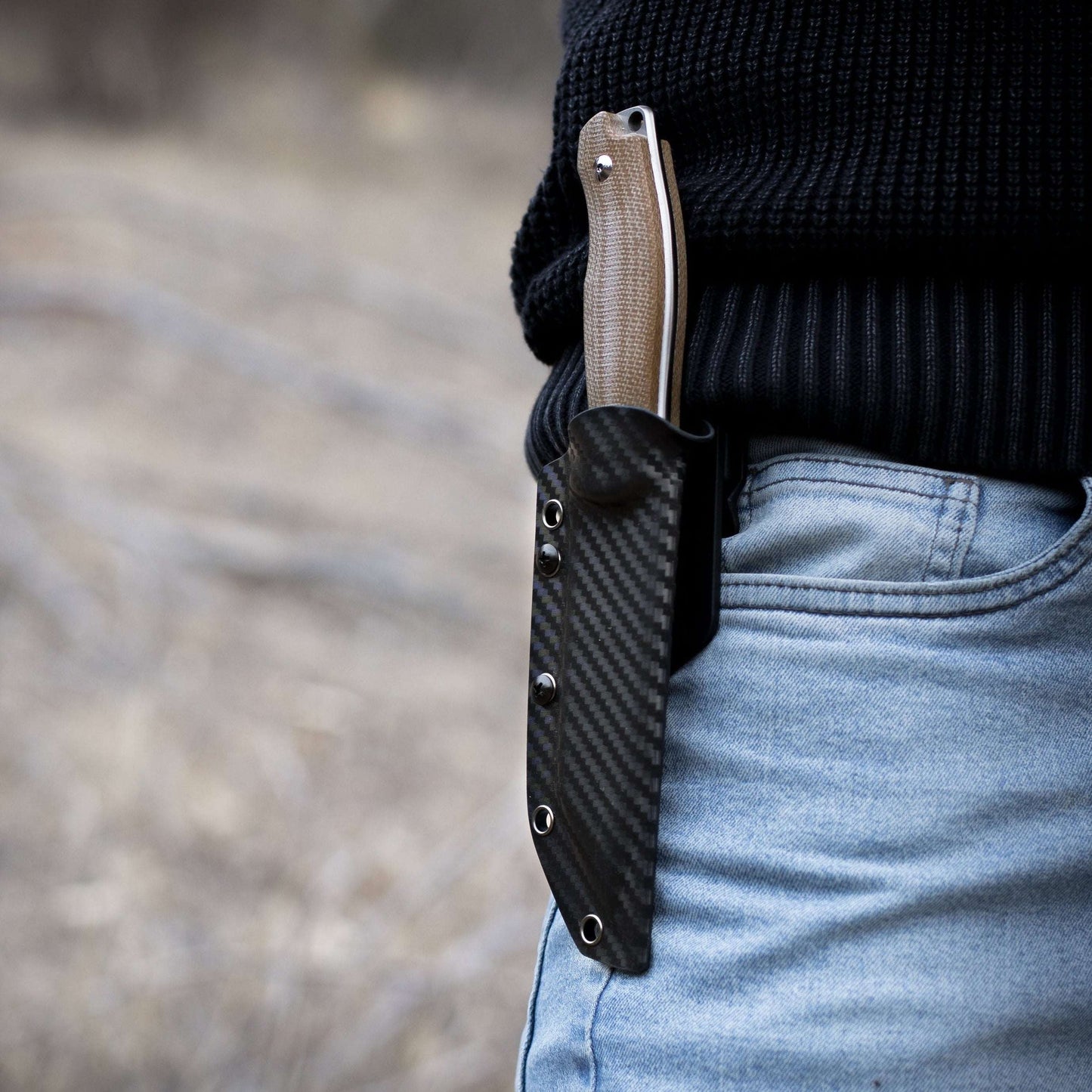 Wilora Crest Hunting Outdoor Knife carried in a carbon fibre sheath 