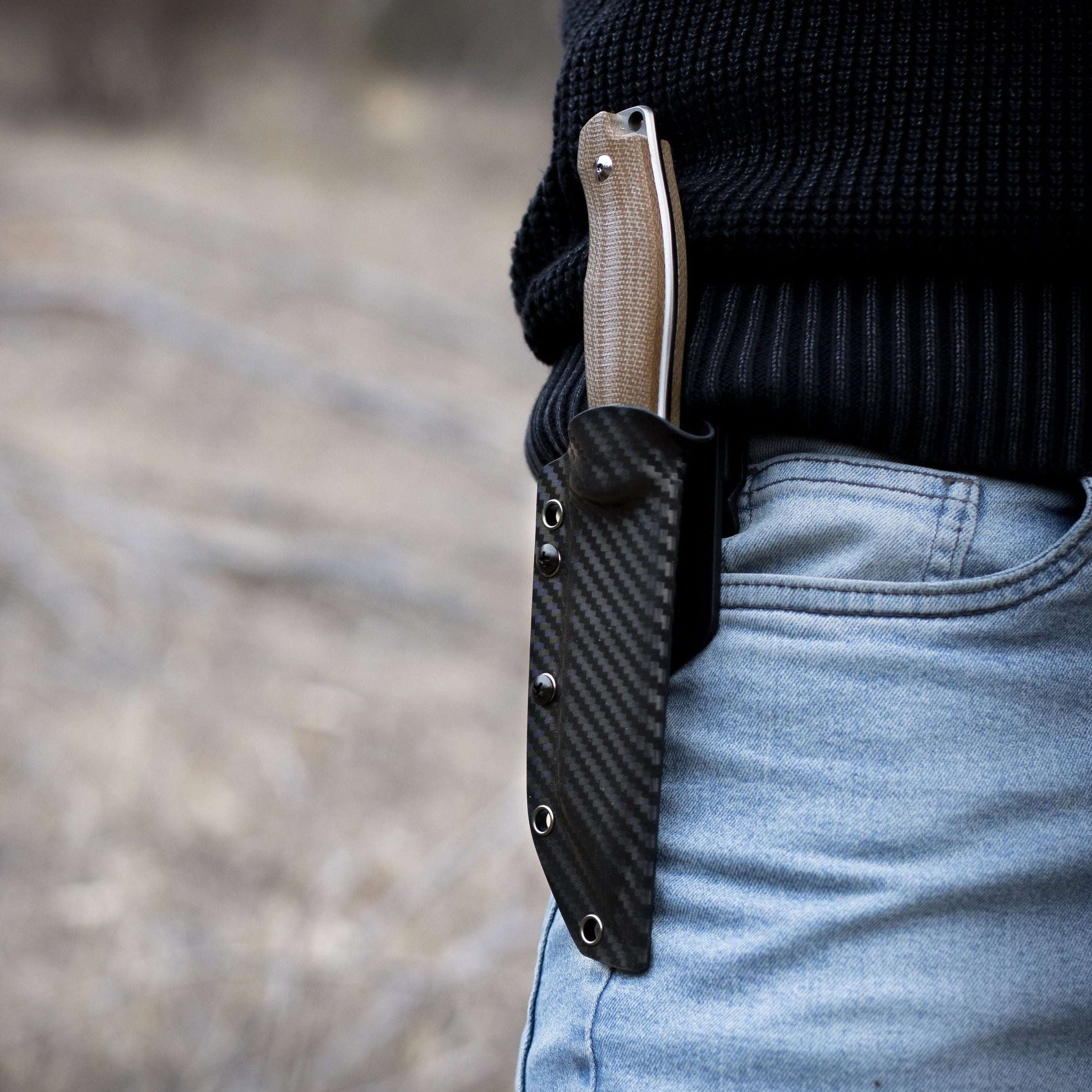 Wilora Crest Hunting Outdoor Knife carried in a carbon fibre sheath 